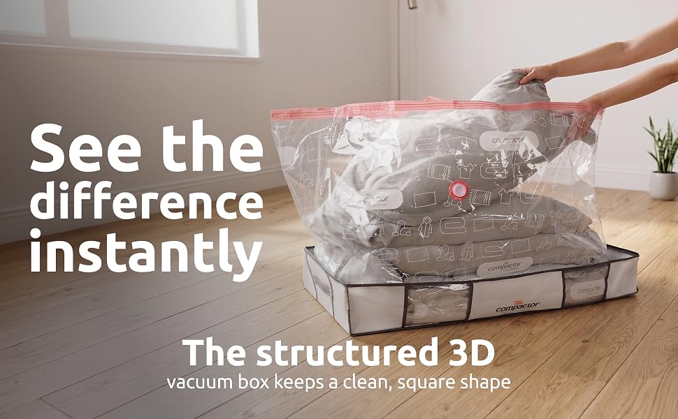 Vacuum storage bag with semi-rigid structured box