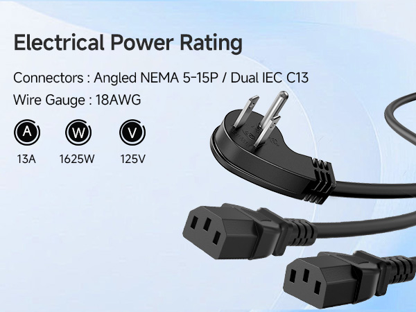 Computer Power Cord Splitter (NEMA 5-15P to 2X IEC C13)