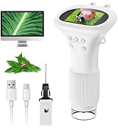White electronic diffuser device shown with green display screens, charging cable, and decorative leaf elements. Multiple views of product features.