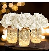 Set of 3 Mason Jar with Lights White Hydrangea Decorative Jars Flower Vase Farmhouse Table Center...
