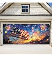 American Flag Fireworks Garage Door Banner 7x16FT, Patriotic USA Flag Independence Day Garage Doo...