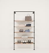 pamo black shelving with oakl boards on beige background