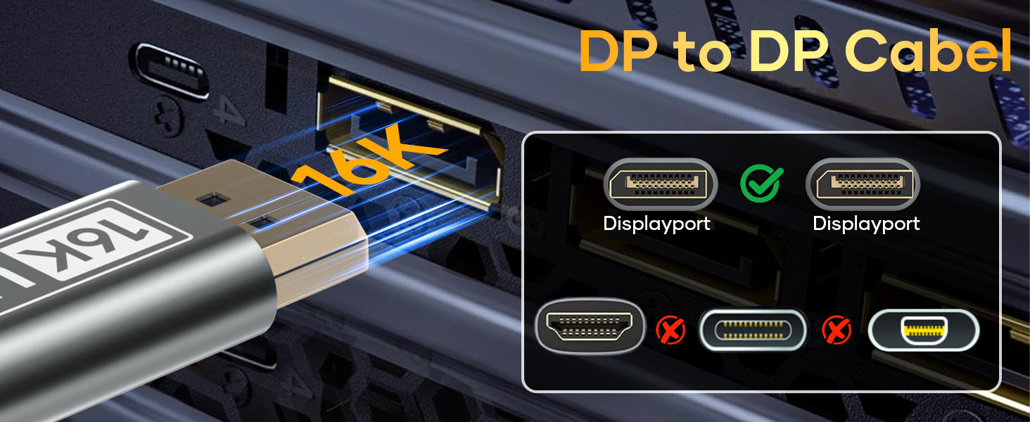 DisplayPort cable with metal connectors. Image shows cable plugged into port, compatibility diagram highlighting two DisplayPort connections, and text indicating '8K' resolution support.