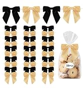 TONIFUL 50pcs Black &amp; Gold Satin Ribbon Bows, 4.5" Twist Tie Bows for Gift Wrapping Treat Bags Ca...