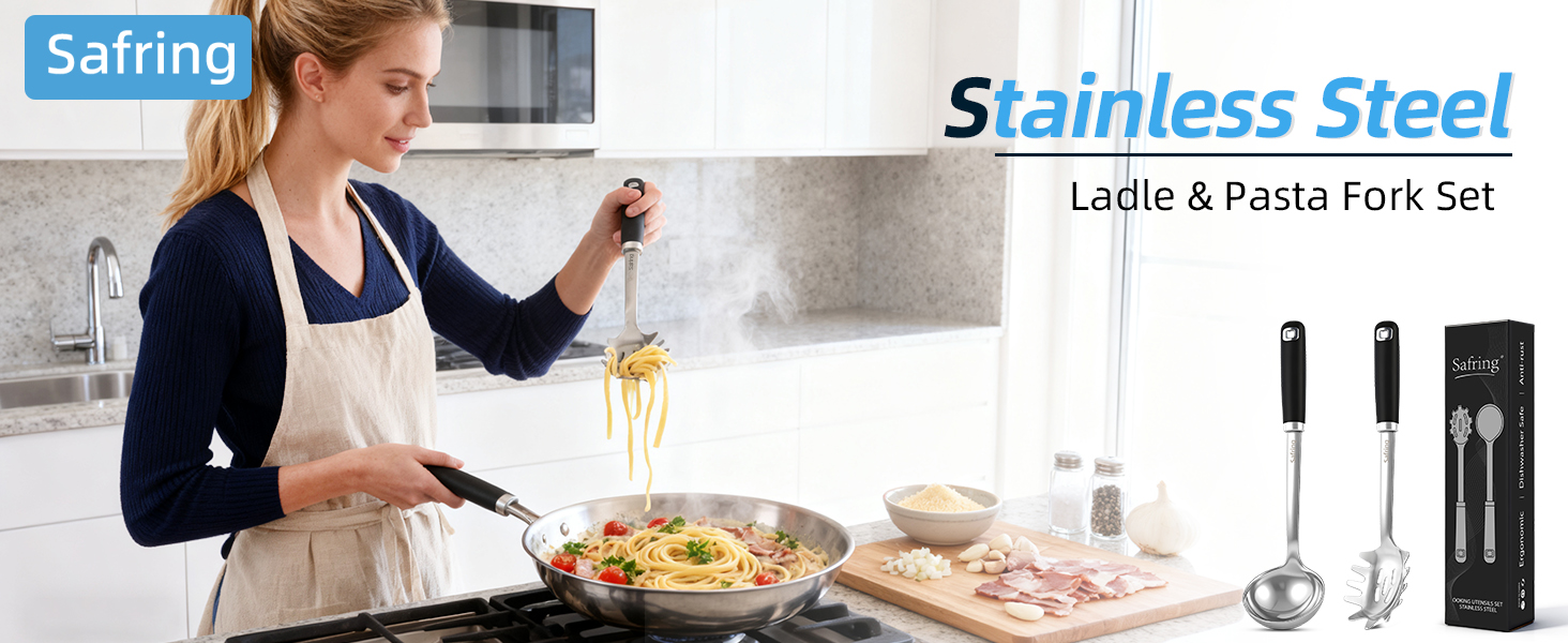 Safring Stainless Steel Soup Ladle and Spaghetti Spoon Set