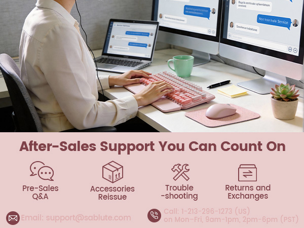 Customer using pink wireless keyboard mouse combo at desk if any issue contact Sablute support
