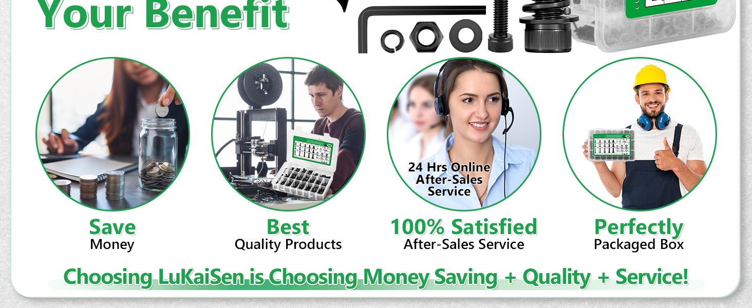 Business infographic showing four circular icons representing money savings, quality products, customer service, and packaging, connected by text about benefits and service.