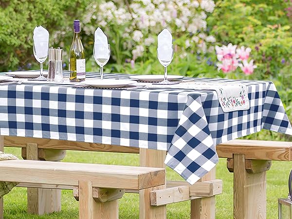navy blue buffalo plaid tablecloth for outdoor