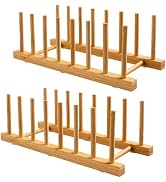 HBlife 2-Pack Bamboo Wooden Dish Rack Holder Space-Saving Vertical Organizer for Plates, Cups, Po...