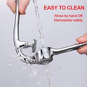 Text: 'EASY TO CLEAN' 'Rinse by hand OR Dishwasher safety'. Demonstration of water rinsing over metal kitchen tool or utensil.