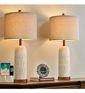 OYEARS 26.5" Bedside Table Lamps Set of 2, Farmhouse Table Lamp with USB A+C Charging Ports,Vinta...