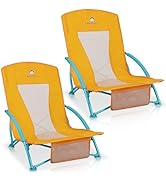 Low Beach Chairs 2 Pack,Folding Compact Low Seat Chairs for Adults w/Mesh Back,Cup Holder &amp; Stora...