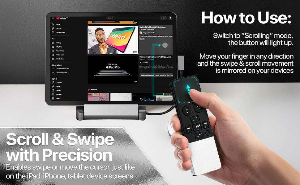 Finger swiping on a remote to navigate iOS; Bluetooth trackpad for iPhone.