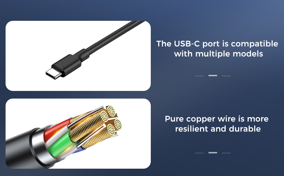 Text reads 'The USB-C port is compatible with multiple models' alongside technical diagram showing USB-C cable components and connection details.