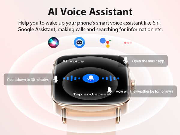 Pink smart watch for women with AI voice assistant control for weather, music, calls, and timers