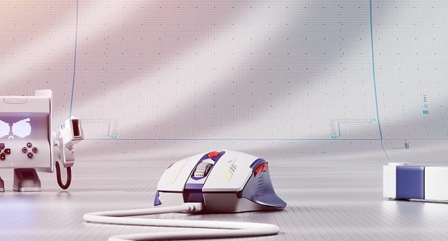 White gaming mouse on a pink-tinted surface with geometric line patterns. Showcases sleek design and ergonomic shape for comfortable use.