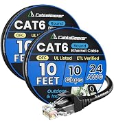 Cat 6 Ethernet Cable 10ft (2 Pack), Indoor&amp;Outdoor, High Speed 10Gbps 24AWG Pure Copper Network C...