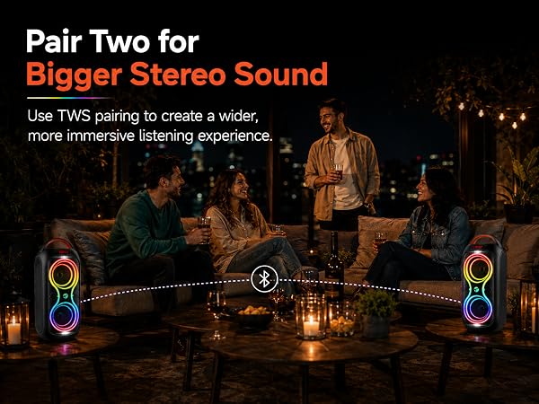 Pair two speakers with TWS function to get a true stereo audio sound