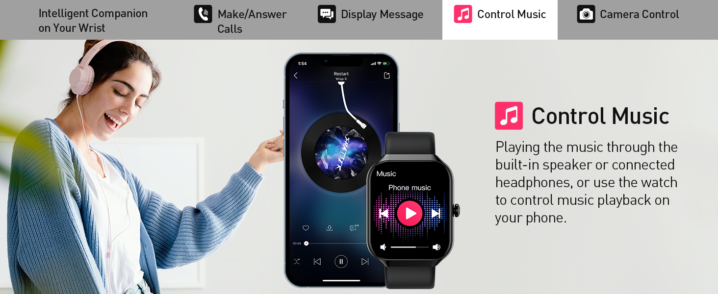 Smartwatch and smartphone displaying music control interface, showing how the watch can control music playback through connected headphones or phone speakers.