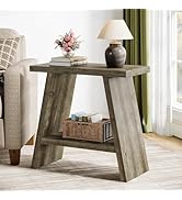 TRIBEWOOD Solid Wood End Table for Living Room, Narrow Small Side Table with 2-Tier Storage, Farm...