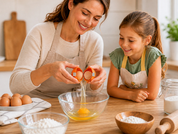 Egg cracker tool for raw eggs makes family baking clean, easy and fun.