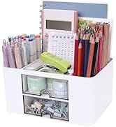 Meiikun Plastic Pen Organizer, Multifunctional Desk Organizer with 2 Drawers, 4 Compartments &amp; a ...