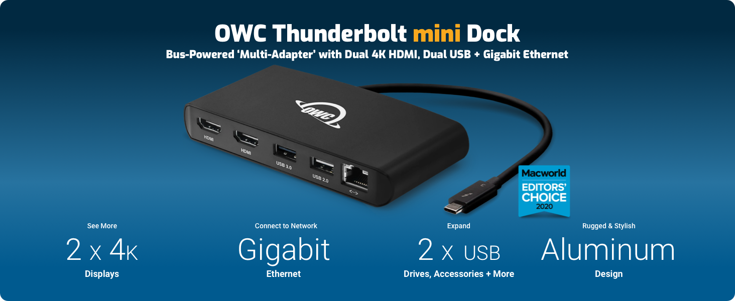 OWC Thunderbolt mini Dock Bus-powered "multi adapter with dual 4k hmi, dual usb, gigabit ehthernet