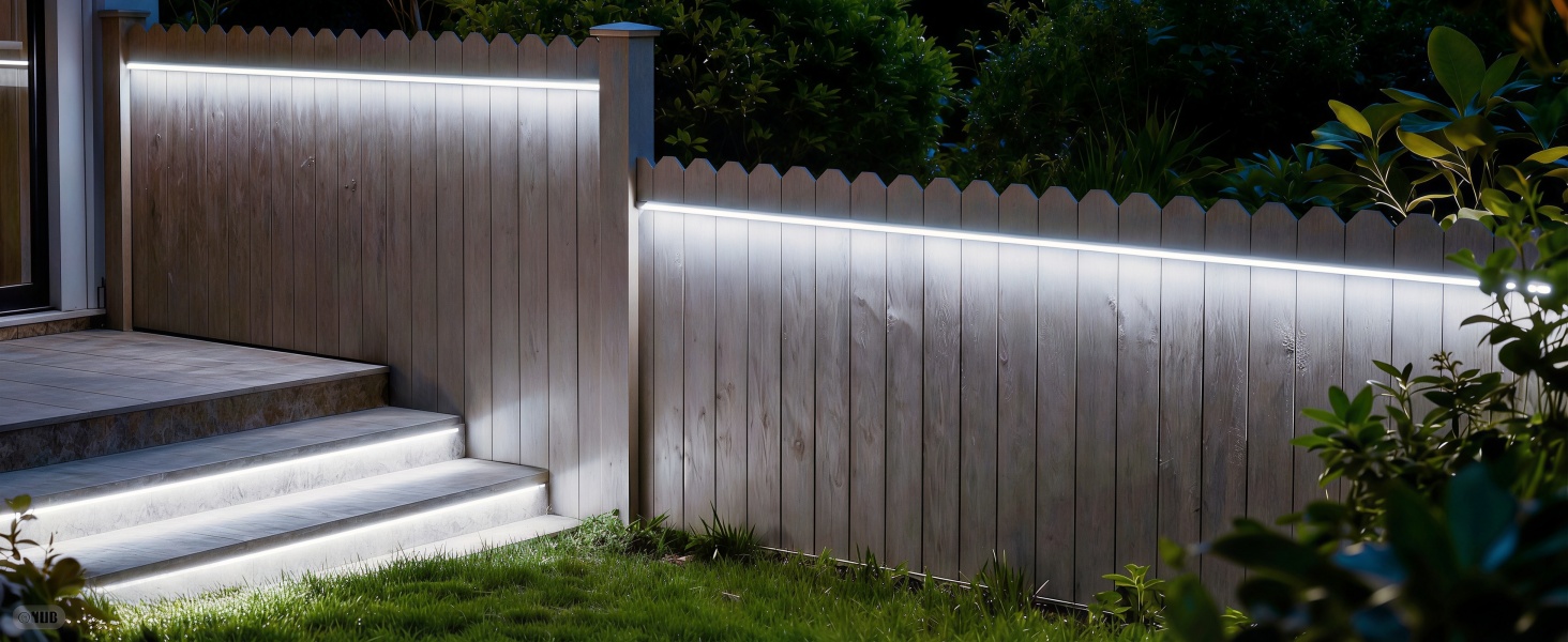 Outdoor LED strip lighting installed along wooden fence and steps, creating dramatic illumination effect at night.