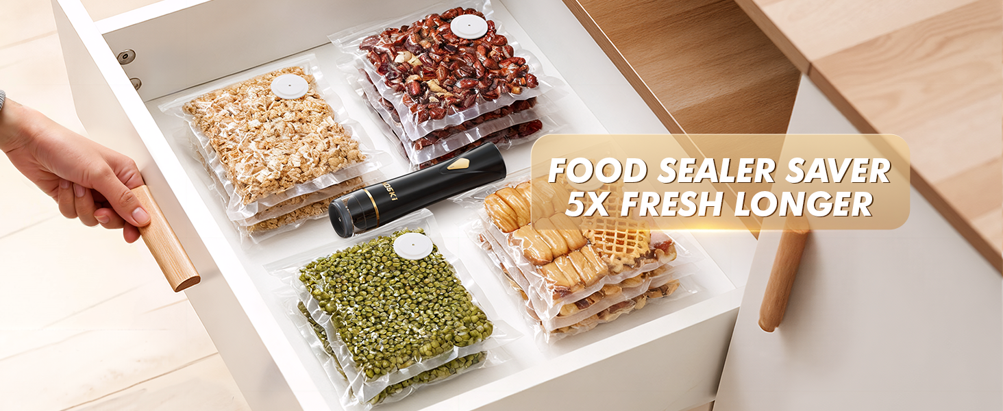 Vacuum sealed snacks and beans stored in drawer with handheld sealer keeping food fresh longer