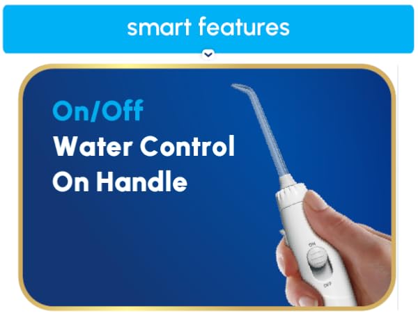 Image of Waterpik tooth flosser tip with text reading three hundred sixty tip rotation.