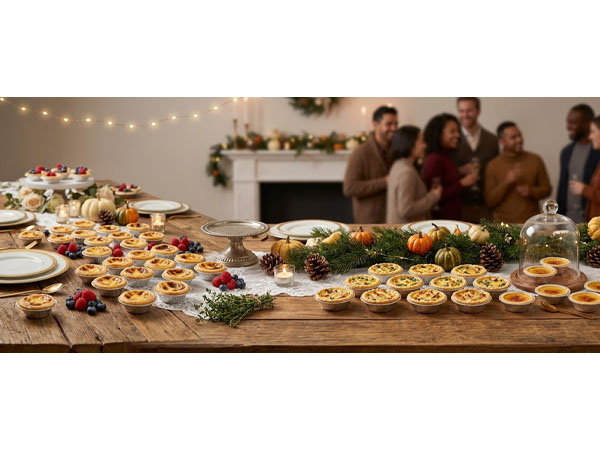 Mini dessert catering display with foil tart pans at outdoor garden party.