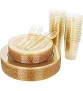 WELLIFE 175 Pieces Gold Glitter Plastic Plates with Silverware and Cups, Includes: 50 Plates, 50 ...