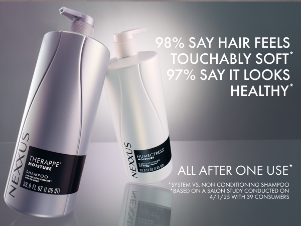 Two pump bottles, shampoo and conditioner, with backlight and consumer test results text.