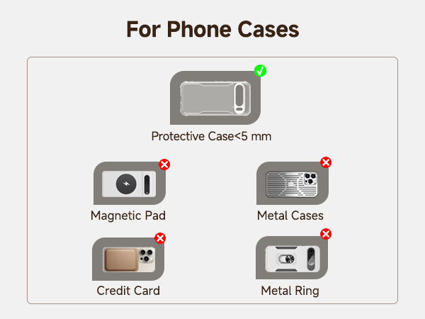 Phone case compatibility diagram showing prohibited items: magnetic pad, credit card, metal cases, and metal ring. Approved item: 5mm protective case.