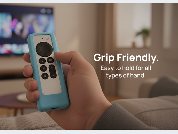 Hand holding Siri Remote with GripStand case, easy to grip and use in living room setting