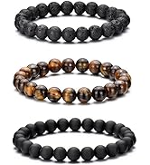 RANKEEF Tiger Eye Bracelet For Men 8MM Natural Stone Beads Bracelet Set Stretch Lava Rock Bracele...