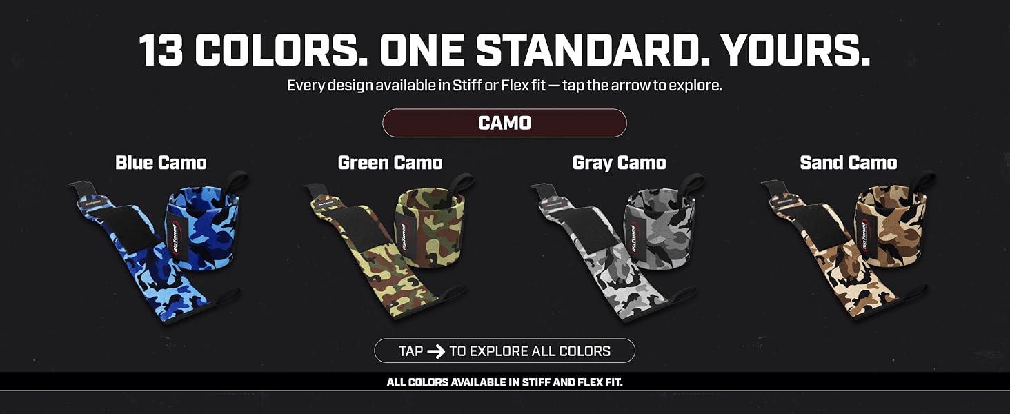 Rip Toned wrist wraps in camo colors - blue, green, gray and sand camo, stiff or flex fit