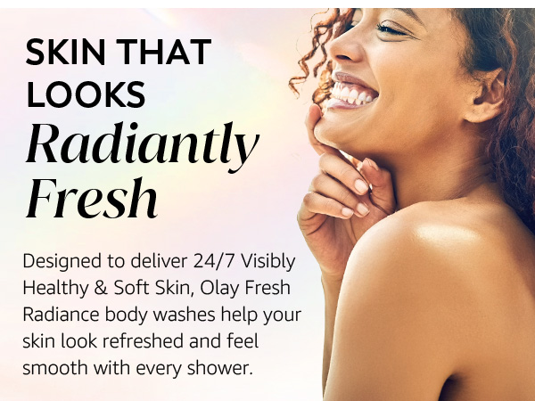 Woman smiling and promoting skin that looks radiantly fresh