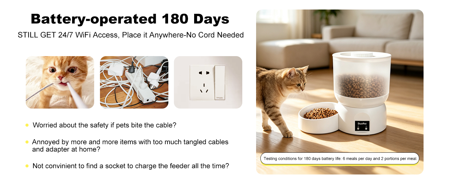 Auto cat feeder with180-Day Ultra-Long Battery Life, Rechargeable Battery