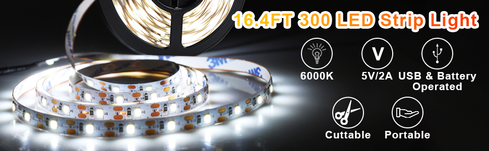 16.4FT Daylight White 6000K LED Strip Light with USB Plug + Battery Box Operated