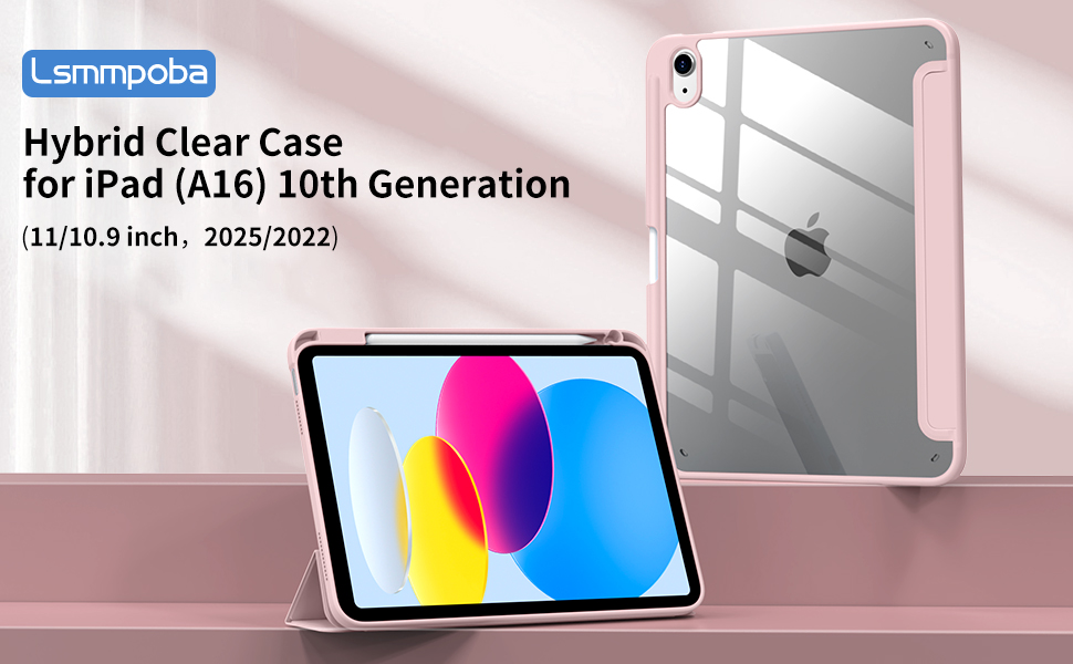 Text reads 'Hybrid Clear Case for iPad (A16) 10th Generation'. Product images showing transparent protective tablet case from multiple angles.