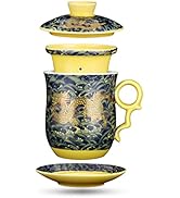 YURROAD Chinese Dragon Pattern Tea-Mug with Strainer Infuser and Lid and Saucer Ceramic Tea Mug C...