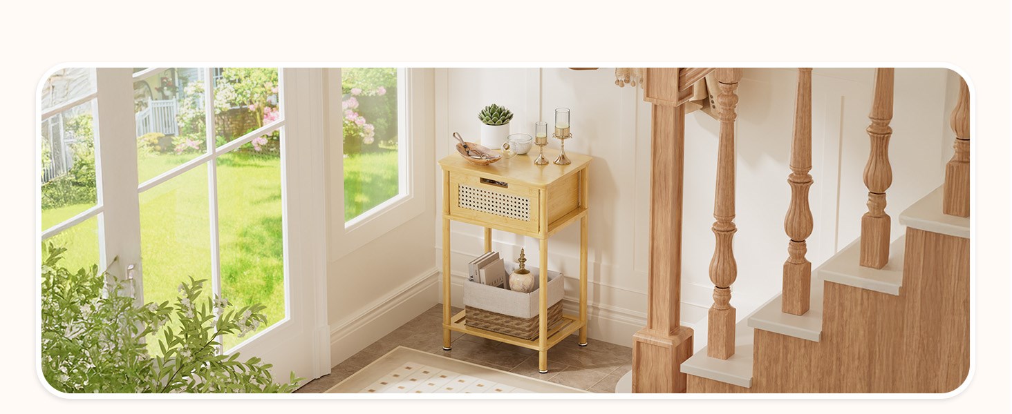 Boho Side Table with Drawer Open Shelf