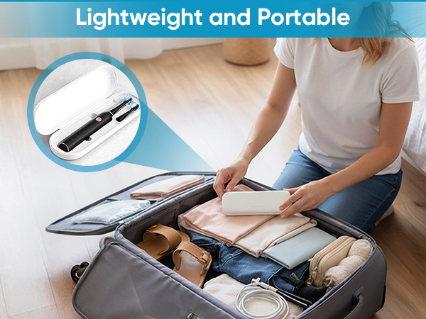 Text reads 'Lightweight and Portable'. Image shows hands packing folded clothes into a gray travel suitcase, with circular inset showing folding tool.