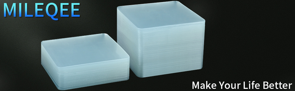 Double sided sticky squares in the picture, brand name MILEQEE on top left,slogan on bottom right
