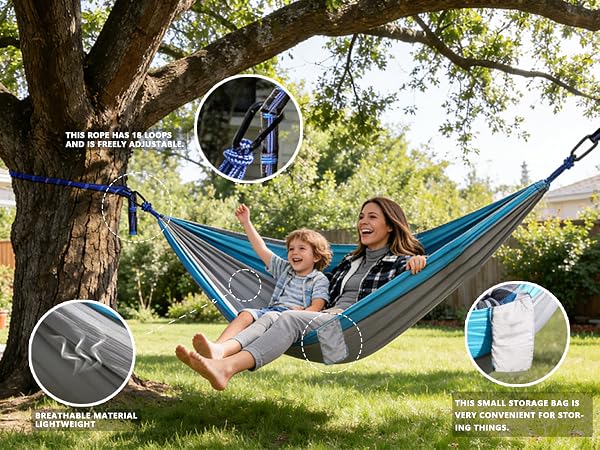 Text reads 'SAFE AND STABLE DESIGN'. Series of images showing outdoor hammock use in sunny garden setting, featuring blue hammock strung between trees.