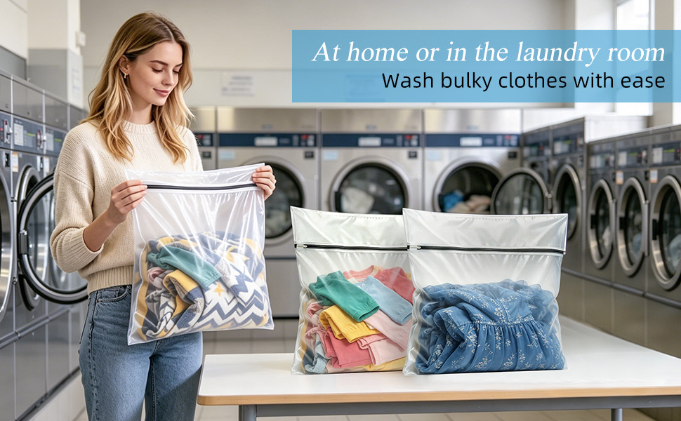 Large-capacity laundry bags in a bright laundromat, great for everyday laundry care.