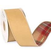 Ribbli Champagne Velvet Wired Ribbon with Metallic Plaid Reversible 2.5 Inch Christmas Ribbon for...