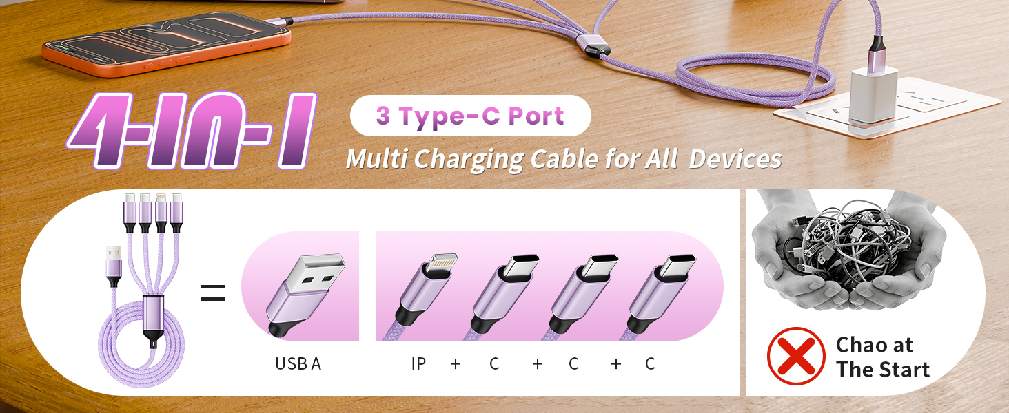 3 Type-C+1IP Port 4 in 1 Multi Charging Cable