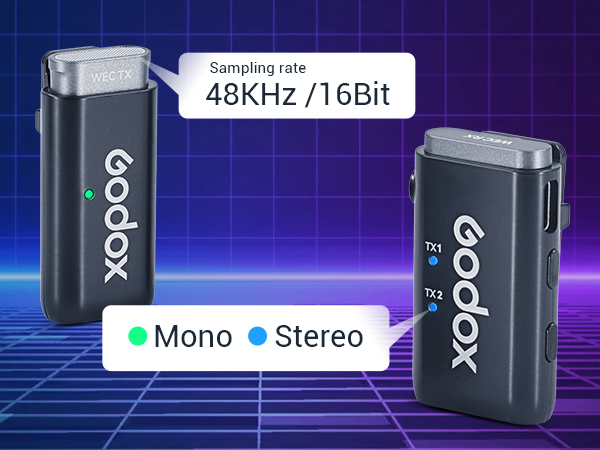 Two black audio devices labeled 'Godox' with specifications '48KHz/16Bit' and 'Mono/Stereo' options displayed against a purple digital background.